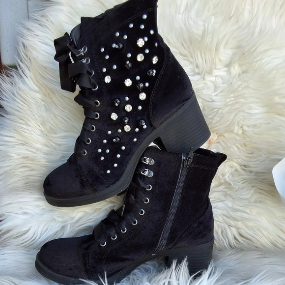 Madden Girl Shoes - Madden Veera Velvet embellished Combat boots 9